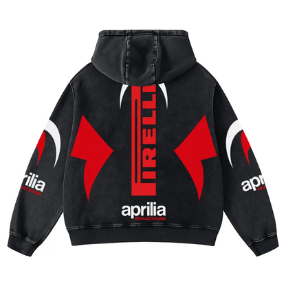 Aprilia x Firelli Biker Hoodie Washed Vintage MotoGP Racing Streetwear, Motorcycle Graphic Hoodie Unisex, Designed for Motor Fans, Sportbike Culture, Speed Lovers & Urban Motorbike Style