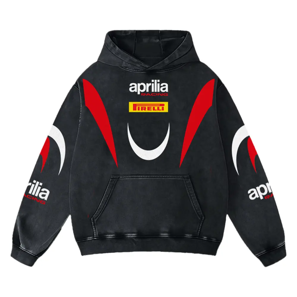 Aprilia x Firelli Biker Hoodie Washed Vintage MotoGP Racing Streetwear, Motorcycle Graphic Hoodie Unisex, Designed for Motor Fans, Sportbike Culture, Speed Lovers & Urban Motorbike Style