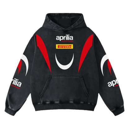 Aprilia x Firelli Biker Hoodie Washed Vintage MotoGP Racing Streetwear, Motorcycle Graphic Hoodie Unisex, Designed for Motor Fans, Sportbike Culture, Speed Lovers & Urban Motorbike Style