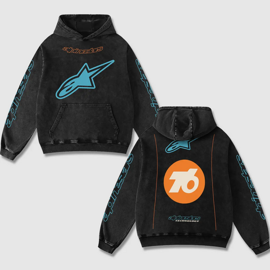 Alpinestars Technology Biker Hoodie Washed Vintage MotoGP Racing Streetwear, Motorcycle Graphic Hoodie Unisex, Designed for Motor Fans, Sportbike Culture, Speed Lovers & Urban Motorbike Style
