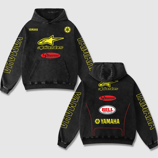 Yamaha x Alpinestars Biker Hoodie Washed Vintage MotoGP Racing Streetwear, Motorcycle Graphic Hoodie Unisex, Designed for Motor Fans, Sportbike Culture, Speed Lovers & Urban Motorbike Style
