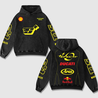 Redbull x Ducati ST1 Biker Hoodie Washed Vintage MotoGP Racing Streetwear, Motorcycle Graphic Hoodie Unisex, Designed for Motor Fans, Sportbike Culture, Speed Lovers & Urban Motorbike Style