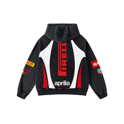 Redbull x Aprilia Biker Hoodie Washed Vintage MotoGP Racing Streetwear, Motorcycle Graphic Hoodie Unisex, Designed for Motor Fans, Sportbike Culture, Speed Lovers & Urban Motorbike Style