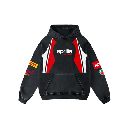 Redbull x Aprilia Biker Hoodie Washed Vintage MotoGP Racing Streetwear, Motorcycle Graphic Hoodie Unisex, Designed for Motor Fans, Sportbike Culture, Speed Lovers & Urban Motorbike Style