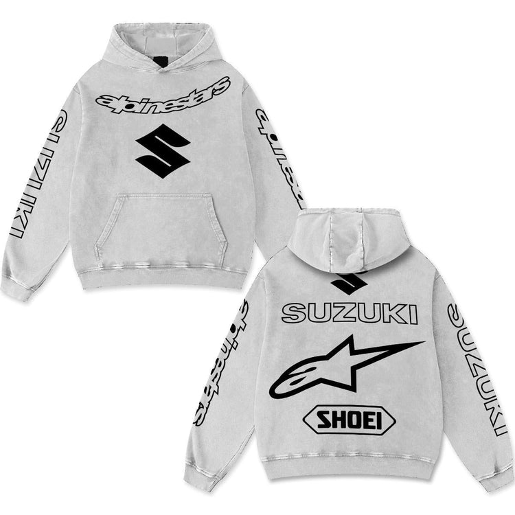 Retro Suzuki Alpinestars Racing Hoodie Black Acid Washed, Japanese Superbike S Logo Shoei Helmets Enthusiast, Motorsport Biker Graphic Streetwear, Heavyweight Sweatshirt, Retro Moto Gear Apparel Men’s Grunge Y2K Racing Jacket Style Oversized Clothes