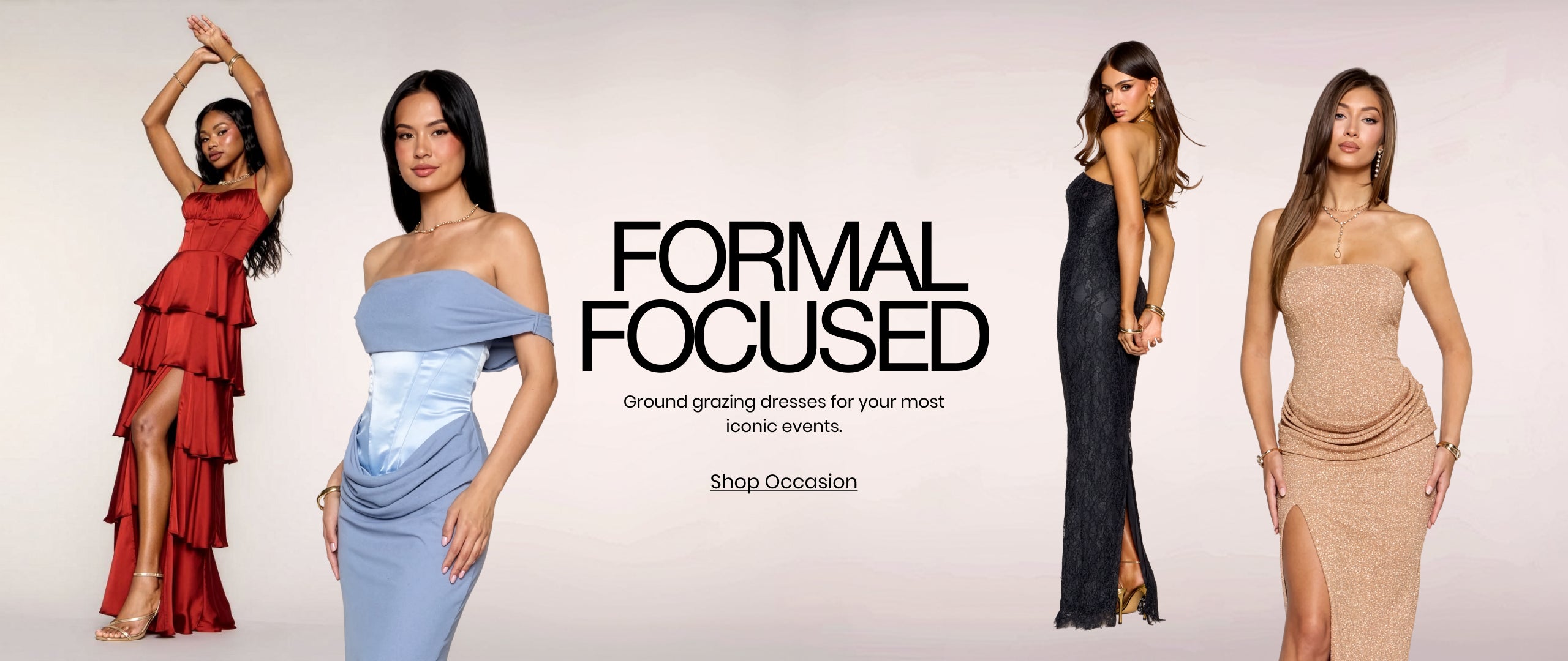 Shop occasion dresses featuring dramatic ruffles, corset details and floor-length silhouettes.